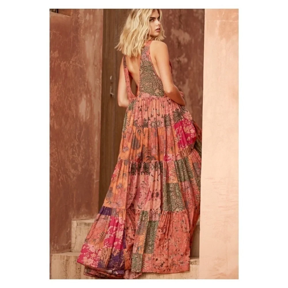 Mes Demoiselles Bonnie Floral Maxi Dress Deep V Boho Multicolor 38